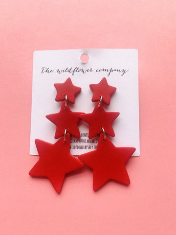 Big Red Triple Star Handmade Clay Earrings