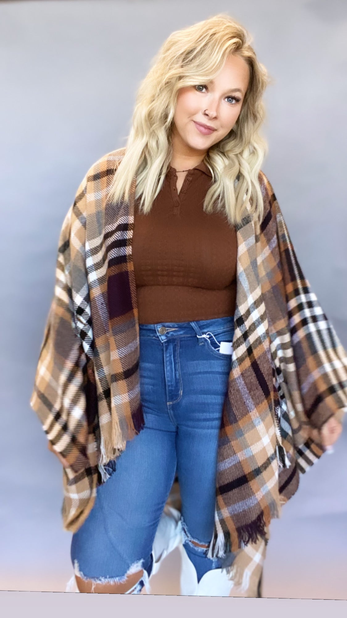 Emma Plaid Kimono BROWN