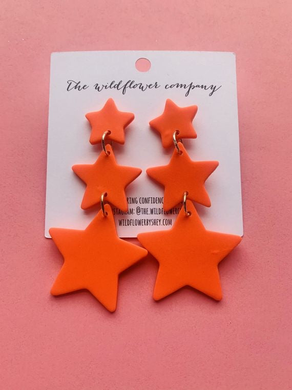Big Orange Triple Star Handmade Clay Earrings